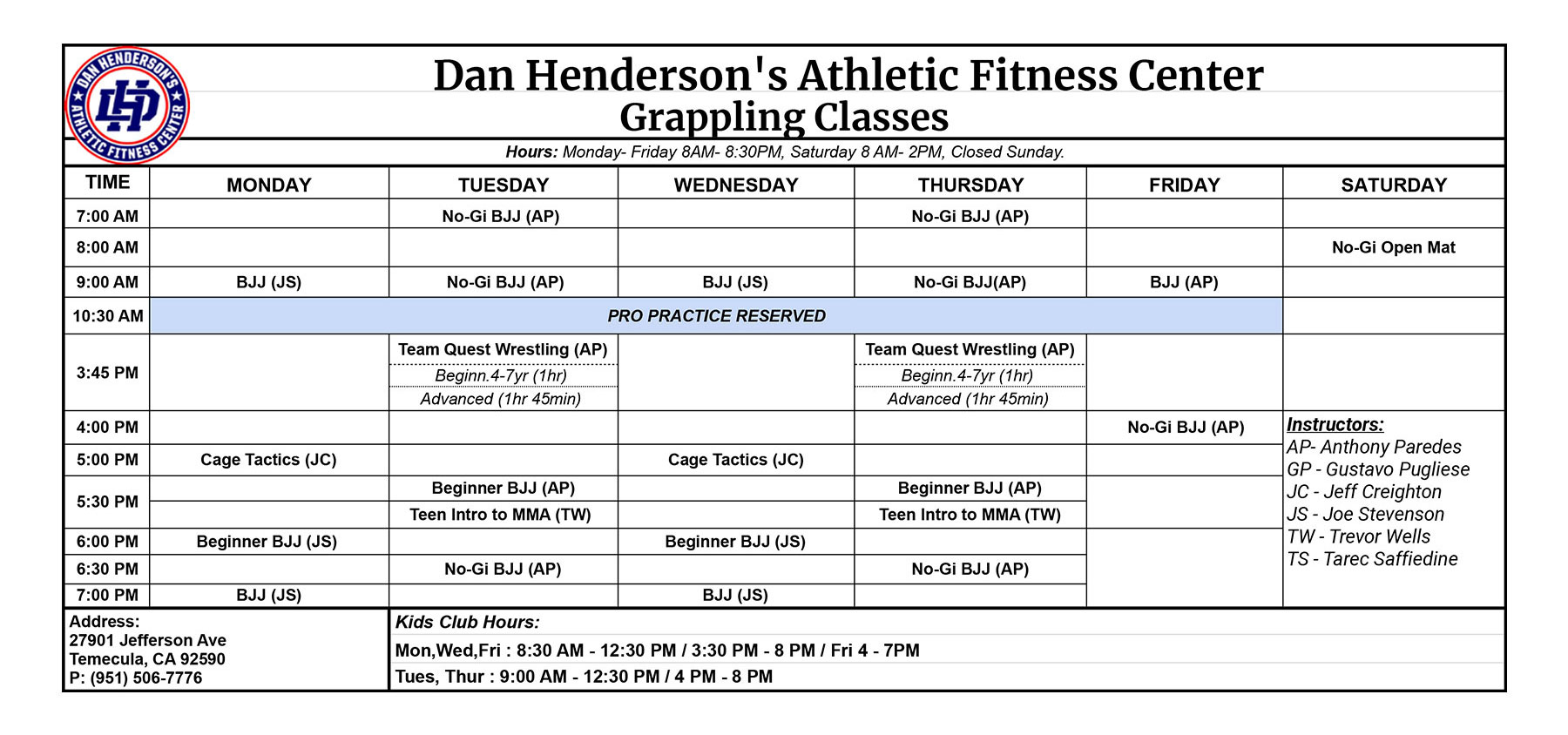 Athletic Fitness Center MMA Temecula CA Hendos Gym Grappling Schedule