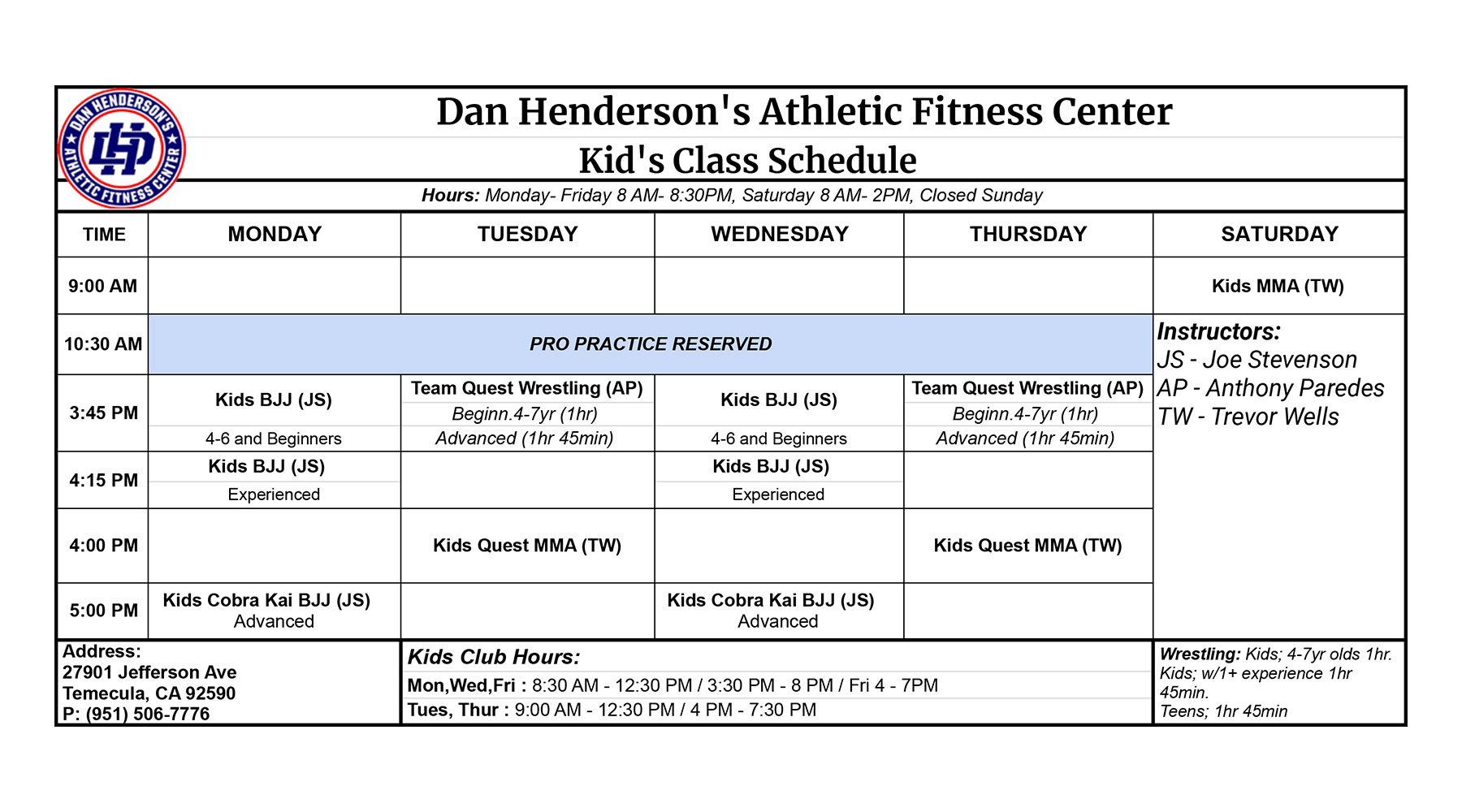 Athletic Fitness Center MMA Temecula CA Hendos Gym Kids MMA Schedule