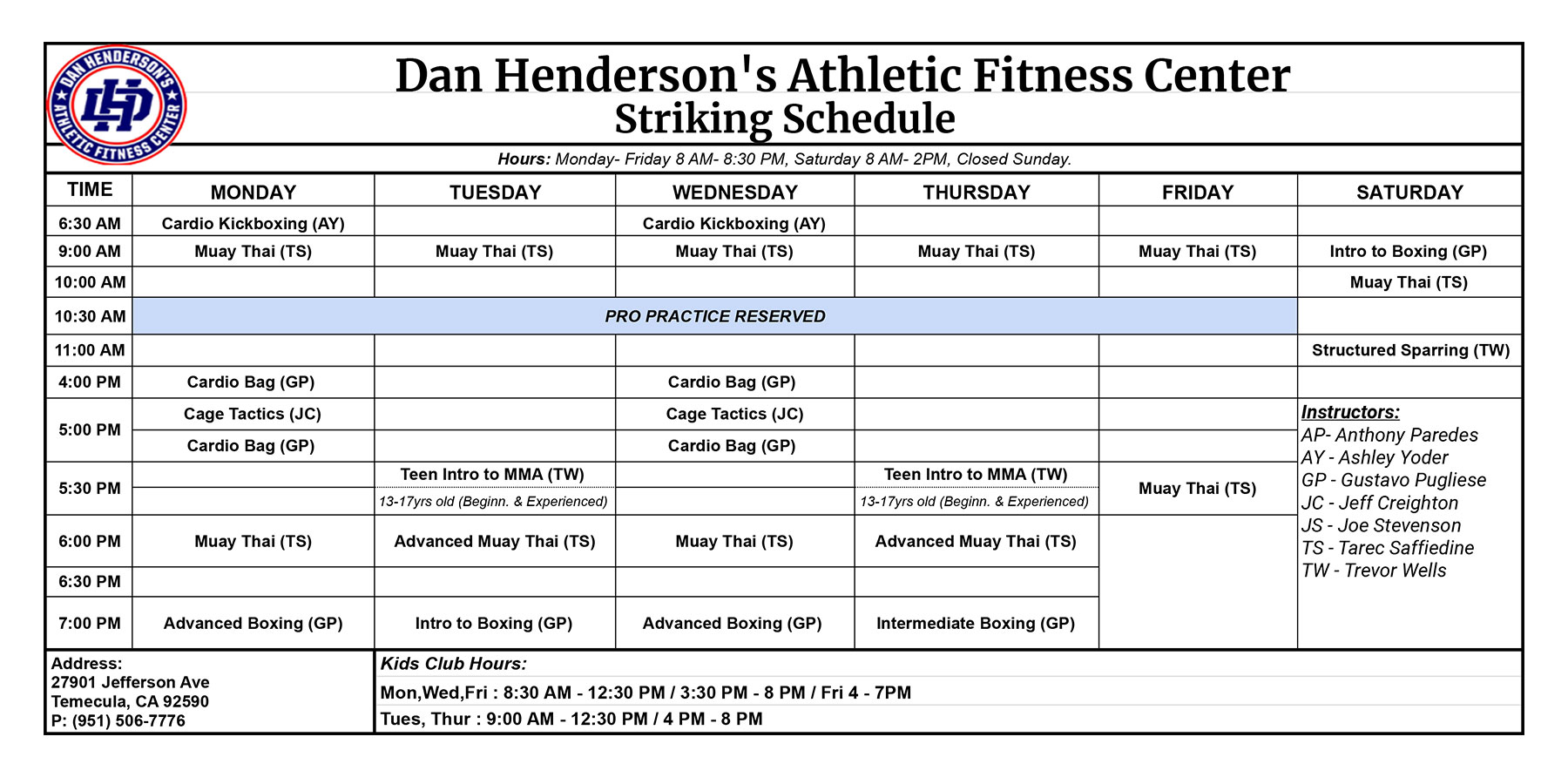 Athletic Fitness Center MMA Temecula CA Hendos Gym Striking Schedule 1