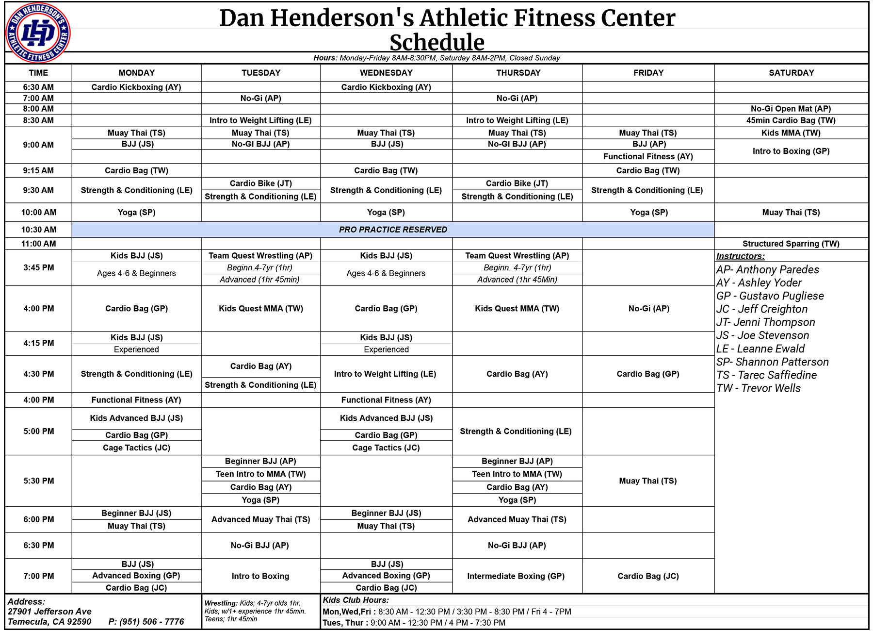 Dan Hendersons Athletic Fitness Center MMA Temecula CA Hendos Gym Schedule 5 2