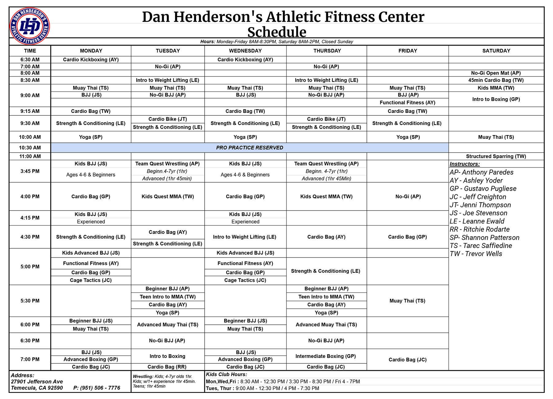 Dan Hendersons Athletic Fitness Center MMA Temecula CA Hendos Gym Schedule 6